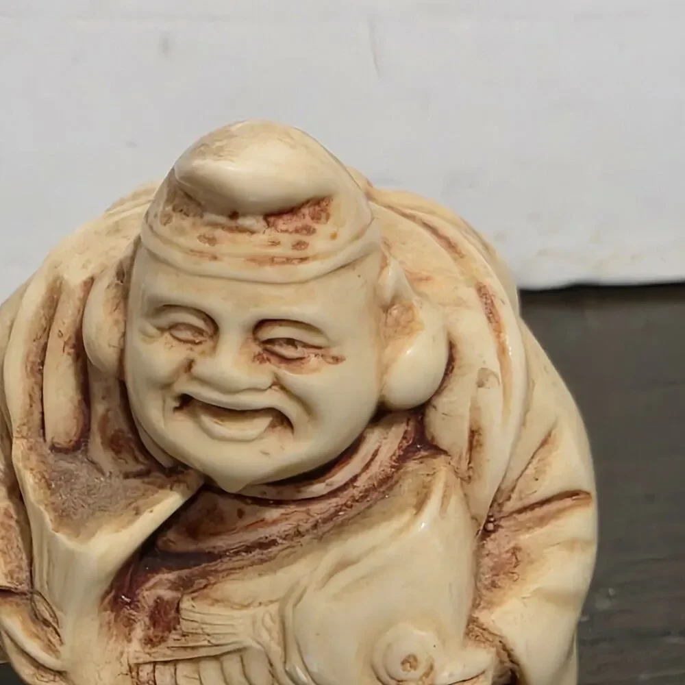 Vtg Asian Japanese Carving Old Man with Fish Cast Fesin Faux Ivory